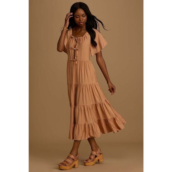 Lulus Present Moment Light Orange Bow Front Tiered Maxi Dress Small - Picture 15 of 15